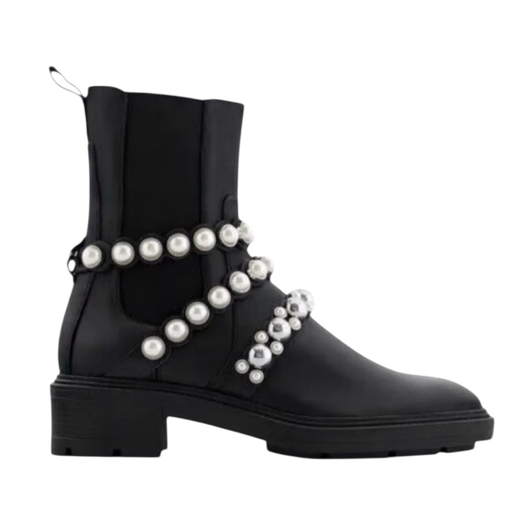 Women's ZARA Black Leather Pearl Strap Low-Heeled Ankle Boots